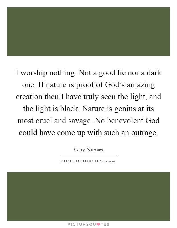 I worship nothing. Not a good lie nor a dark one. If nature is proof of God's amazing creation then I have truly seen the light, and the light is black. Nature is genius at its most cruel and savage. No benevolent God could have come up with such an outrage Picture Quote #1