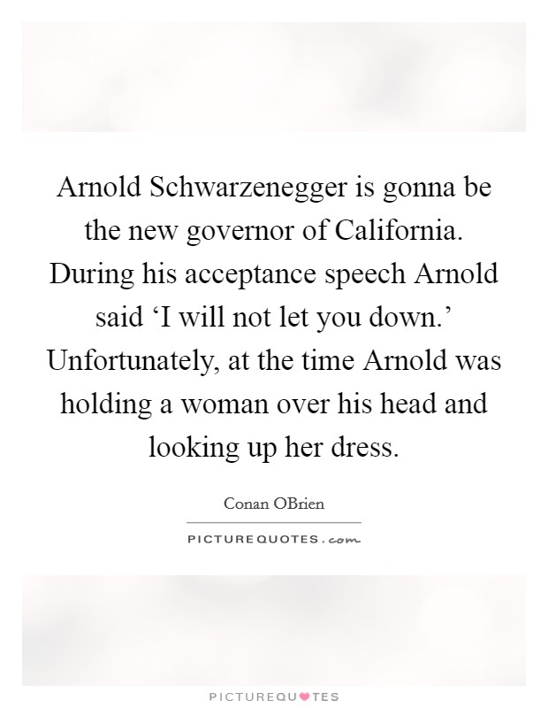 Arnold Schwarzenegger is gonna be the new governor of California. During his acceptance speech Arnold said ‘I will not let you down.' Unfortunately, at the time Arnold was holding a woman over his head and looking up her dress Picture Quote #1