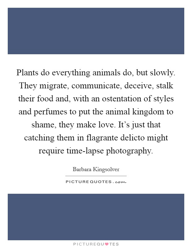 Plants do everything animals do, but slowly. They migrate, communicate, deceive, stalk their food and, with an ostentation of styles and perfumes to put the animal kingdom to shame, they make love. It's just that catching them in flagrante delicto might require time-lapse photography Picture Quote #1