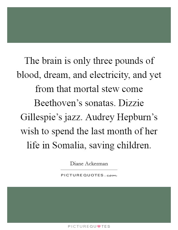 The brain is only three pounds of blood, dream, and electricity, and yet from that mortal stew come Beethoven's sonatas. Dizzie Gillespie's jazz. Audrey Hepburn's wish to spend the last month of her life in Somalia, saving children Picture Quote #1