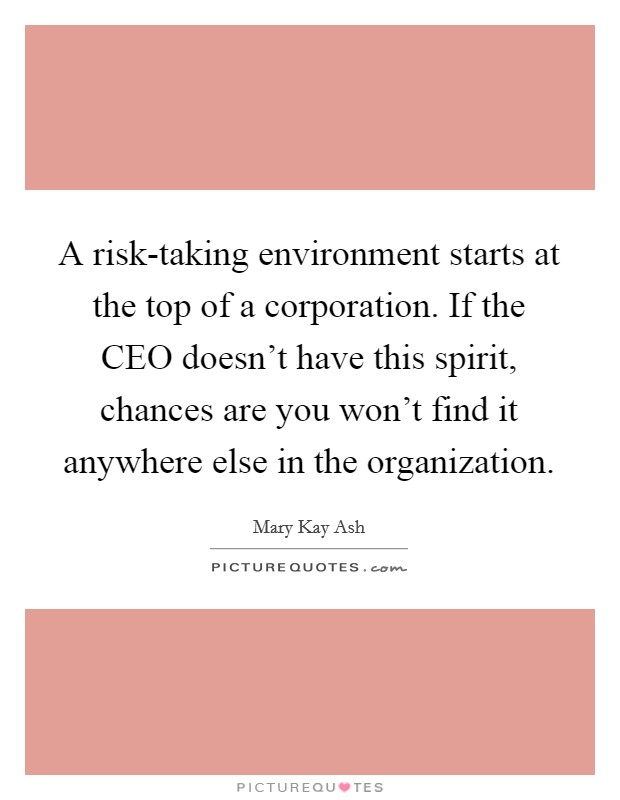 A risk-taking environment starts at the top of a corporation. If the CEO doesn't have this spirit, chances are you won't find it anywhere else in the organization Picture Quote #1
