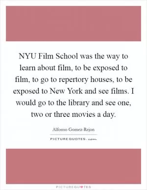 NYU Film School was the way to learn about film, to be exposed to film, to go to repertory houses, to be exposed to New York and see films. I would go to the library and see one, two or three movies a day Picture Quote #1