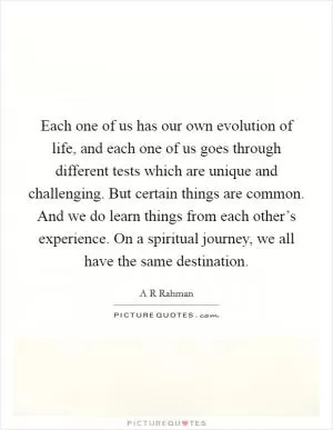 Each one of us has our own evolution of life, and each one of us goes through different tests which are unique and challenging. But certain things are common. And we do learn things from each other’s experience. On a spiritual journey, we all have the same destination Picture Quote #1