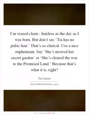 I’m waxed clean - hairless as the day as I was born. But don’t say ‘Tia has no pubic hair.’ That’s so clinical. Use a nice euphemism. Say ‘She’s mowed her secret garden’ or ‘She’s cleared the way to the Promised Land.’ Because that’s what it is, right? Picture Quote #1