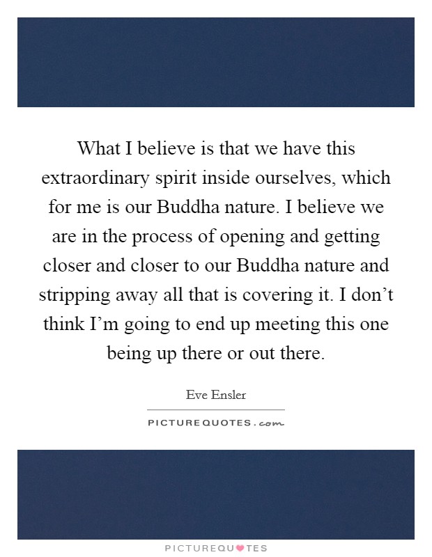 What I believe is that we have this extraordinary spirit inside ourselves, which for me is our Buddha nature. I believe we are in the process of opening and getting closer and closer to our Buddha nature and stripping away all that is covering it. I don't think I'm going to end up meeting this one being up there or out there Picture Quote #1