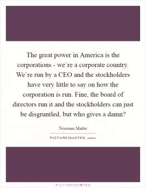 The great power in America is the corporations - we`re a corporate country. We`re run by a CEO and the stockholders have very little to say on how the corporation is run. Fine, the board of directors run it and the stockholders can just be disgruntled, but who gives a damn? Picture Quote #1