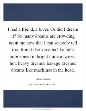 I had a friend, a lover. Or did I dream it? So many dreams are crowding upon me now that I can scarcely tell true from false: dreams like light imprisoned in bright mineral caves; hot, heavy dreams; ice-age dreams; dreams like machines in the head Picture Quote #1