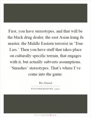 First, you have stereotypes, and that will be the black drug dealer, the east Asian kung fu master, the Middle Eastern terrorist in ‘True Lies.’ Then you have stuff that takes place on culturally specific terrain, that engages with it, but actually subverts assumptions. ‘Smashes’ stereotypes. That’s where I’ve come into the game Picture Quote #1