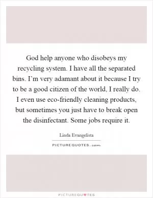 God help anyone who disobeys my recycling system. I have all the separated bins. I’m very adamant about it because I try to be a good citizen of the world, I really do. I even use eco-friendly cleaning products, but sometimes you just have to break open the disinfectant. Some jobs require it Picture Quote #1