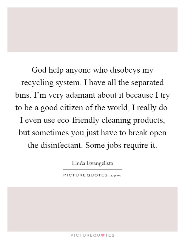 God help anyone who disobeys my recycling system. I have all the separated bins. I'm very adamant about it because I try to be a good citizen of the world, I really do. I even use eco-friendly cleaning products, but sometimes you just have to break open the disinfectant. Some jobs require it Picture Quote #1