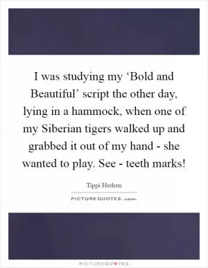 I was studying my ‘Bold and Beautiful’ script the other day, lying in a hammock, when one of my Siberian tigers walked up and grabbed it out of my hand - she wanted to play. See - teeth marks! Picture Quote #1
