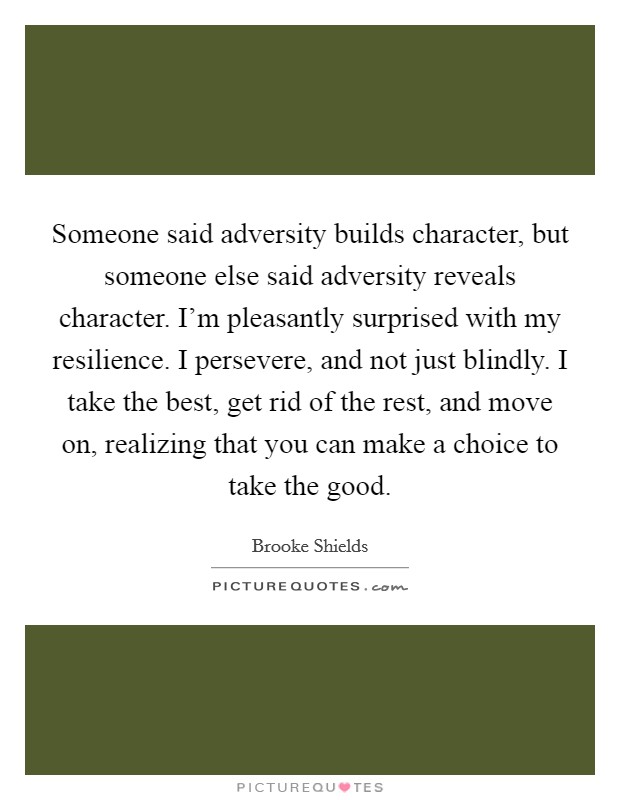 Someone said adversity builds character, but someone else said adversity reveals character. I'm pleasantly surprised with my resilience. I persevere, and not just blindly. I take the best, get rid of the rest, and move on, realizing that you can make a choice to take the good Picture Quote #1