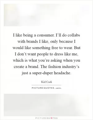 I like being a consumer. I’ll do collabs with brands I like, only because I would like something free to wear. But I don’t want people to dress like me, which is what you’re asking when you create a brand. The fashion industry’s just a super-duper headache Picture Quote #1