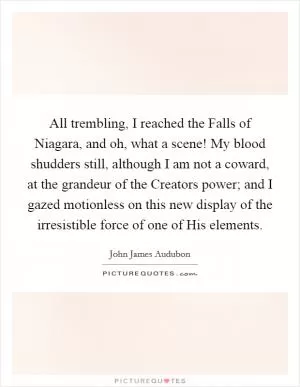 All trembling, I reached the Falls of Niagara, and oh, what a scene! My blood shudders still, although I am not a coward, at the grandeur of the Creators power; and I gazed motionless on this new display of the irresistible force of one of His elements Picture Quote #1