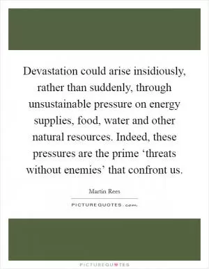 Devastation could arise insidiously, rather than suddenly, through unsustainable pressure on energy supplies, food, water and other natural resources. Indeed, these pressures are the prime ‘threats without enemies’ that confront us Picture Quote #1