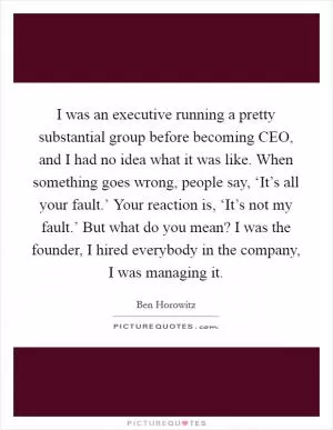 I was an executive running a pretty substantial group before becoming CEO, and I had no idea what it was like. When something goes wrong, people say, ‘It’s all your fault.’ Your reaction is, ‘It’s not my fault.’ But what do you mean? I was the founder, I hired everybody in the company, I was managing it Picture Quote #1