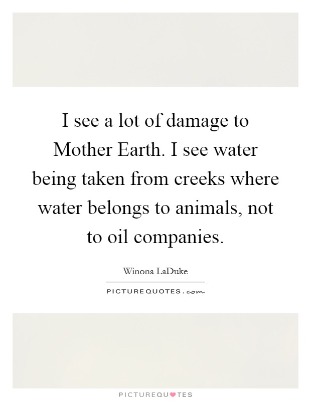 I see a lot of damage to Mother Earth. I see water being taken from creeks where water belongs to animals, not to oil companies Picture Quote #1