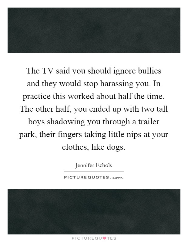 The TV said you should ignore bullies and they would stop harassing you. In practice this worked about half the time. The other half, you ended up with two tall boys shadowing you through a trailer park, their fingers taking little nips at your clothes, like dogs Picture Quote #1