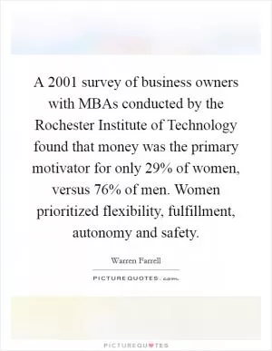 A 2001 survey of business owners with MBAs conducted by the Rochester Institute of Technology found that money was the primary motivator for only 29% of women, versus 76% of men. Women prioritized flexibility, fulfillment, autonomy and safety Picture Quote #1