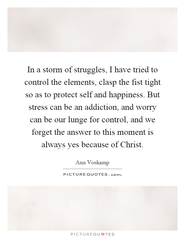 In a storm of struggles, I have tried to control the elements, clasp the fist tight so as to protect self and happiness. But stress can be an addiction, and worry can be our lunge for control, and we forget the answer to this moment is always yes because of Christ Picture Quote #1