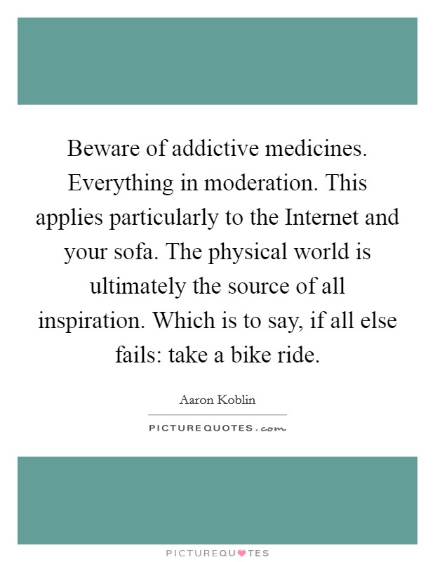 Beware of addictive medicines. Everything in moderation. This applies particularly to the Internet and your sofa. The physical world is ultimately the source of all inspiration. Which is to say, if all else fails: take a bike ride Picture Quote #1