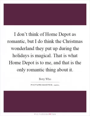 I don’t think of Home Depot as romantic, but I do think the Christmas wonderland they put up during the holidays is magical. That is what Home Depot is to me, and that is the only romantic thing about it Picture Quote #1
