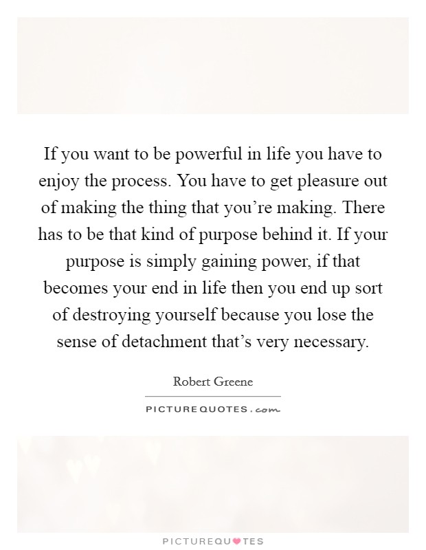 If you want to be powerful in life you have to enjoy the process. You have to get pleasure out of making the thing that you're making. There has to be that kind of purpose behind it. If your purpose is simply gaining power, if that becomes your end in life then you end up sort of destroying yourself because you lose the sense of detachment that's very necessary Picture Quote #1