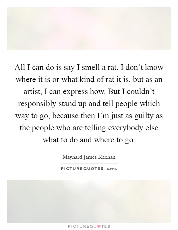 All I can do is say I smell a rat. I don't know where it is or what kind of rat it is, but as an artist, I can express how. But I couldn't responsibly stand up and tell people which way to go, because then I'm just as guilty as the people who are telling everybody else what to do and where to go Picture Quote #1
