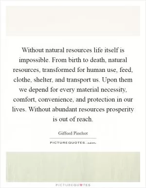 Without natural resources life itself is impossible. From birth to death, natural resources, transformed for human use, feed, clothe, shelter, and transport us. Upon them we depend for every material necessity, comfort, convenience, and protection in our lives. Without abundant resources prosperity is out of reach Picture Quote #1