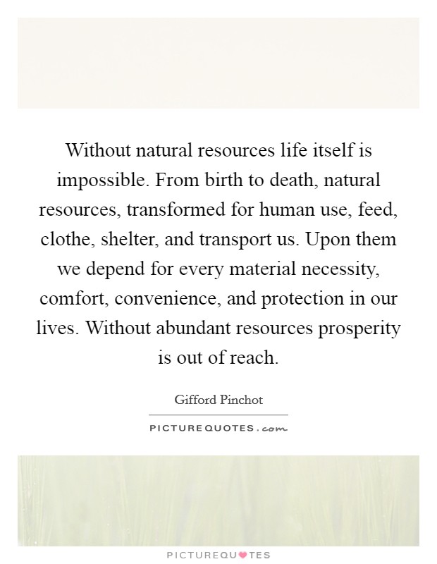 Without natural resources life itself is impossible. From birth to death, natural resources, transformed for human use, feed, clothe, shelter, and transport us. Upon them we depend for every material necessity, comfort, convenience, and protection in our lives. Without abundant resources prosperity is out of reach Picture Quote #1