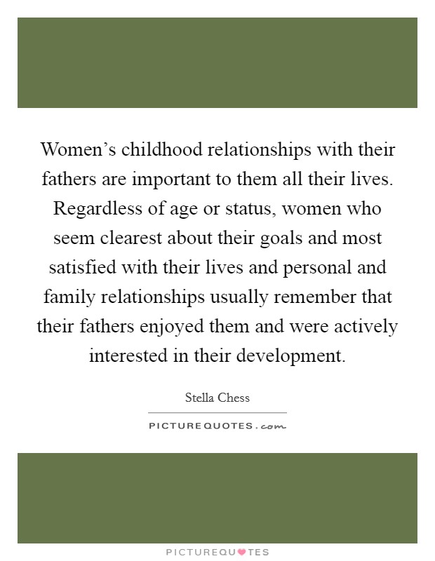 Women's childhood relationships with their fathers are important to them all their lives. Regardless of age or status, women who seem clearest about their goals and most satisfied with their lives and personal and family relationships usually remember that their fathers enjoyed them and were actively interested in their development Picture Quote #1