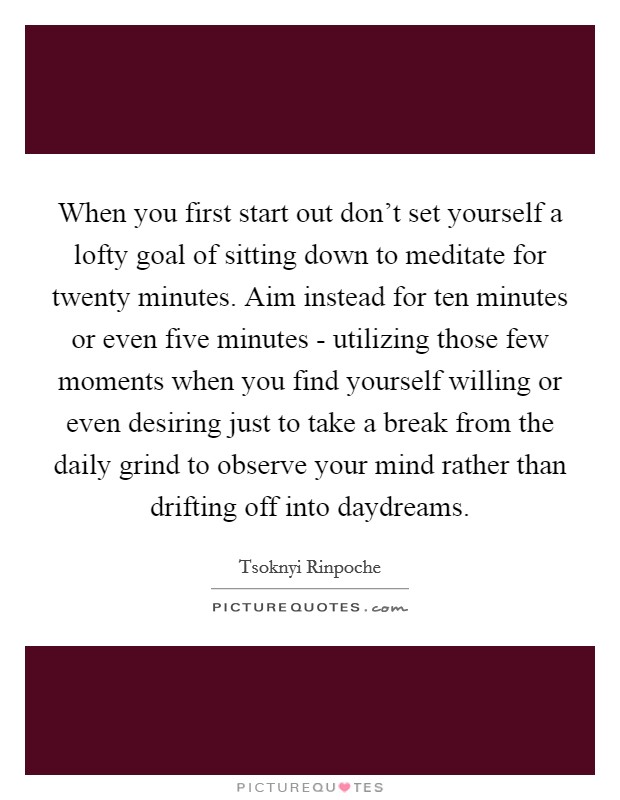 When you first start out don't set yourself a lofty goal of sitting down to meditate for twenty minutes. Aim instead for ten minutes or even five minutes - utilizing those few moments when you find yourself willing or even desiring just to take a break from the daily grind to observe your mind rather than drifting off into daydreams Picture Quote #1