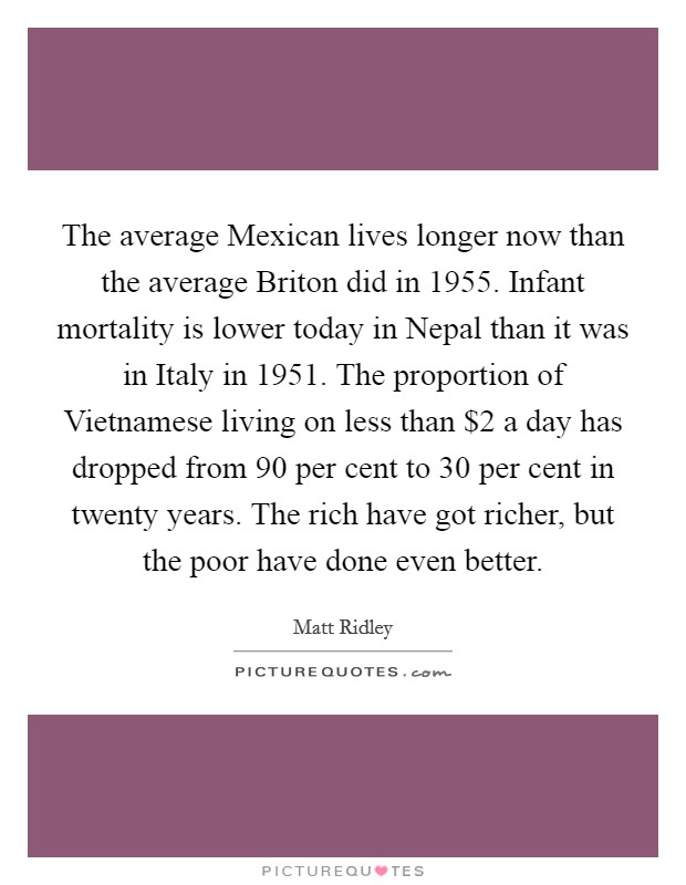 The average Mexican lives longer now than the average Briton did in 1955. Infant mortality is lower today in Nepal than it was in Italy in 1951. The proportion of Vietnamese living on less than $2 a day has dropped from 90 per cent to 30 per cent in twenty years. The rich have got richer, but the poor have done even better Picture Quote #1