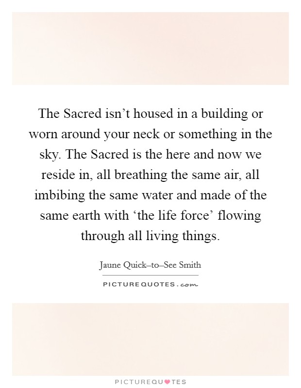 The Sacred isn't housed in a building or worn around your neck or something in the sky. The Sacred is the here and now we reside in, all breathing the same air, all imbibing the same water and made of the same earth with ‘the life force' flowing through all living things Picture Quote #1