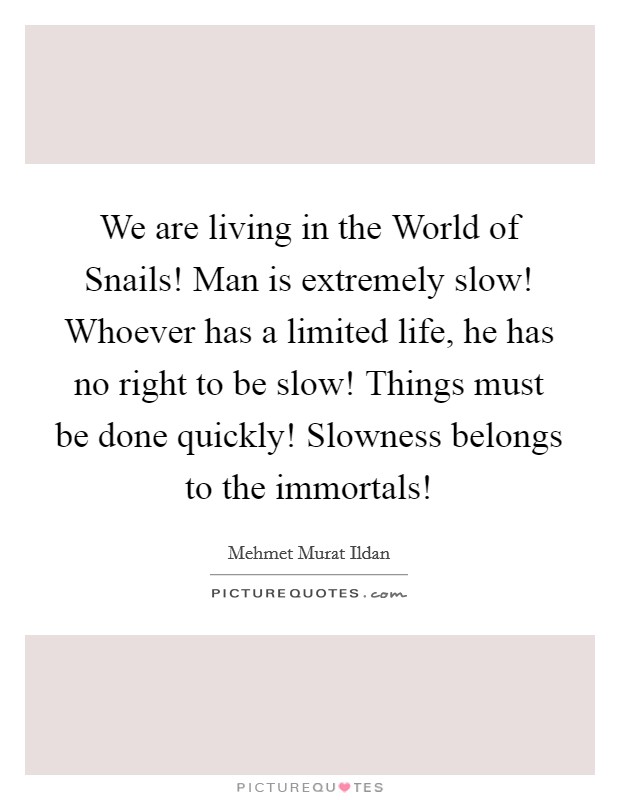 We are living in the World of Snails! Man is extremely slow! Whoever has a limited life, he has no right to be slow! Things must be done quickly! Slowness belongs to the immortals! Picture Quote #1