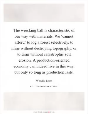The wrecking ball is characteristic of our way with materials. We ‘cannot afford’ to log a forest selectively, to mine without destroying topography, or to farm without catastrophic soil erosion. A production-oriented economy can indeed live in this way, but only so long as production lasts Picture Quote #1