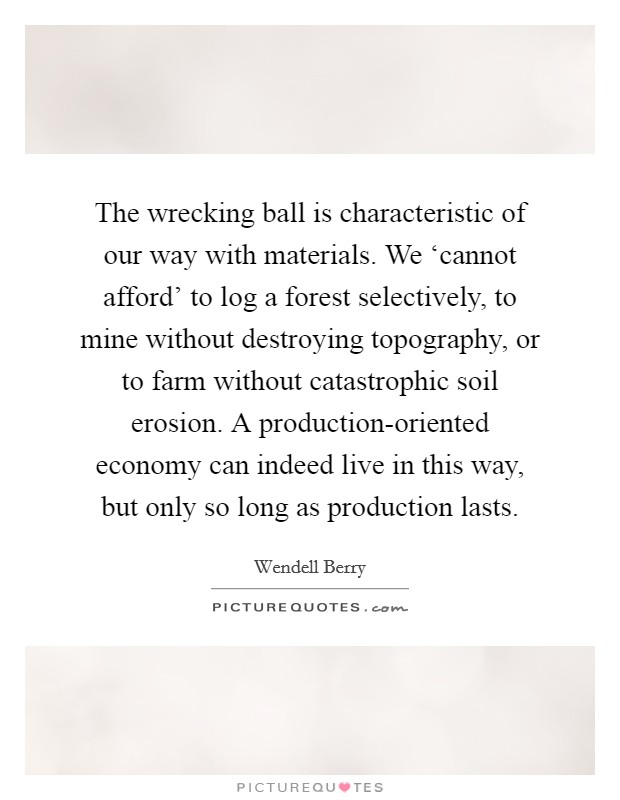 The wrecking ball is characteristic of our way with materials. We ‘cannot afford' to log a forest selectively, to mine without destroying topography, or to farm without catastrophic soil erosion. A production-oriented economy can indeed live in this way, but only so long as production lasts Picture Quote #1