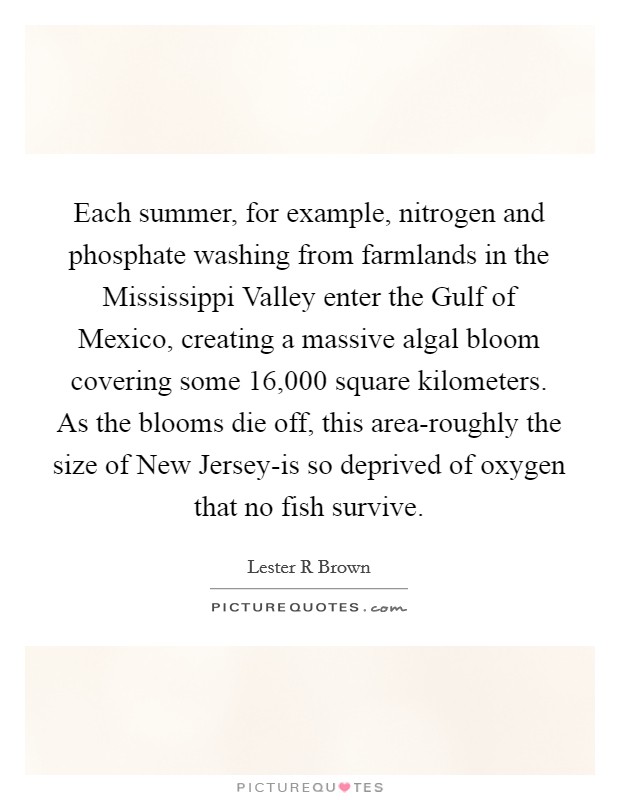Each summer, for example, nitrogen and phosphate washing from farmlands in the Mississippi Valley enter the Gulf of Mexico, creating a massive algal bloom covering some 16,000 square kilometers. As the blooms die off, this area-roughly the size of New Jersey-is so deprived of oxygen that no fish survive Picture Quote #1