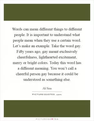 Words can mean different things to different people. It is important to understand what people mean when they use a certain word. Let’s make an example. Take the word gay. Fifty years ago, gay meant exclusively cheerfulness, lighthearted excitement, merry or bright colors. Today this word has a different meaning. You won’t call a cheerful person gay because it could be understood as something else Picture Quote #1