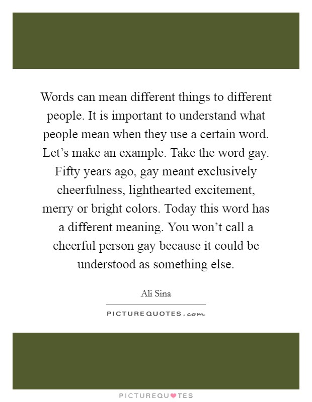 Words can mean different things to different people. It is important to understand what people mean when they use a certain word. Let's make an example. Take the word gay. Fifty years ago, gay meant exclusively cheerfulness, lighthearted excitement, merry or bright colors. Today this word has a different meaning. You won't call a cheerful person gay because it could be understood as something else Picture Quote #1