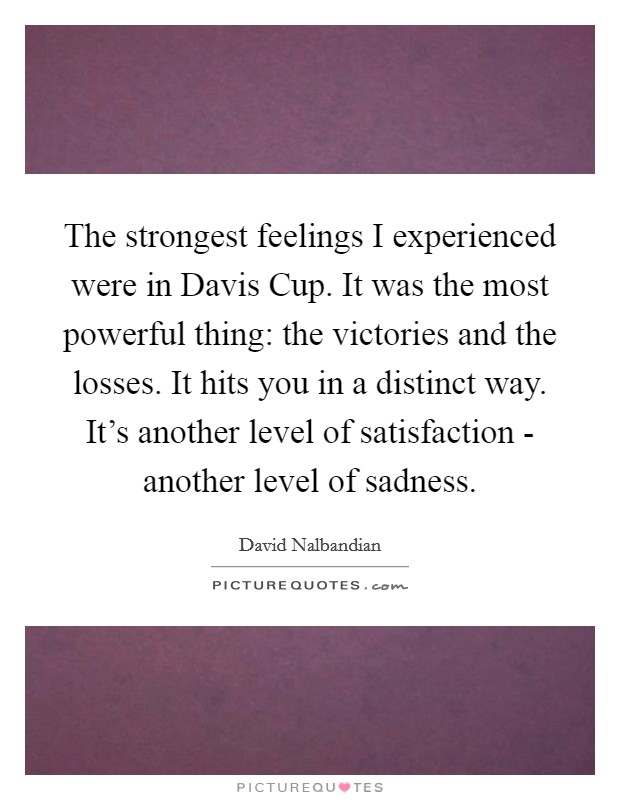 The strongest feelings I experienced were in Davis Cup. It was the most powerful thing: the victories and the losses. It hits you in a distinct way. It's another level of satisfaction - another level of sadness Picture Quote #1