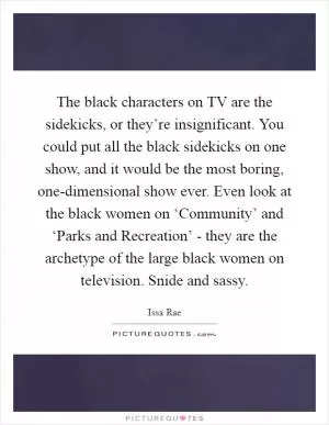 The black characters on TV are the sidekicks, or they’re insignificant. You could put all the black sidekicks on one show, and it would be the most boring, one-dimensional show ever. Even look at the black women on ‘Community’ and ‘Parks and Recreation’ - they are the archetype of the large black women on television. Snide and sassy Picture Quote #1