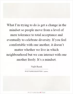 What I’m trying to do is get a change in the mindset so people move from a level of mere tolerance to total acceptance and eventually to celebrate diversity. If you feel comfortable with one another, it doesn’t matter whether we live in which neighbourhood but we can interact with one another freely. It’s a mindset Picture Quote #1