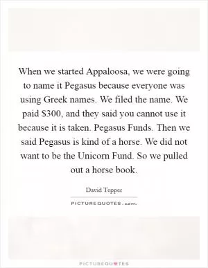 When we started Appaloosa, we were going to name it Pegasus because everyone was using Greek names. We filed the name. We paid $300, and they said you cannot use it because it is taken. Pegasus Funds. Then we said Pegasus is kind of a horse. We did not want to be the Unicorn Fund. So we pulled out a horse book Picture Quote #1