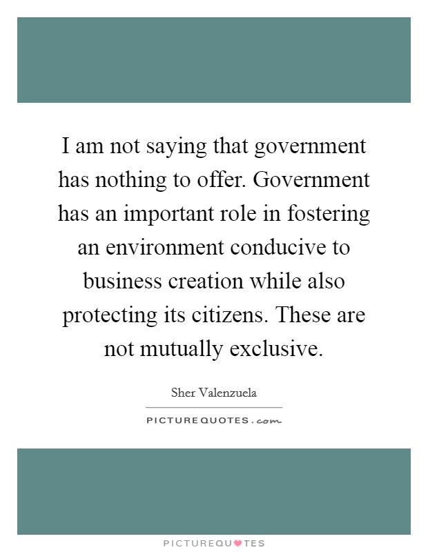 I am not saying that government has nothing to offer. Government has an important role in fostering an environment conducive to business creation while also protecting its citizens. These are not mutually exclusive Picture Quote #1