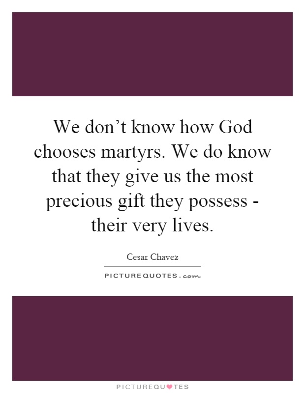 We don't know how God chooses martyrs. We do know that they give us the most precious gift they possess - their very lives Picture Quote #1