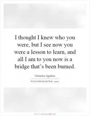 I thought I knew who you were, but I see now you were a lesson to learn, and all I am to you now is a bridge that’s been burned Picture Quote #1