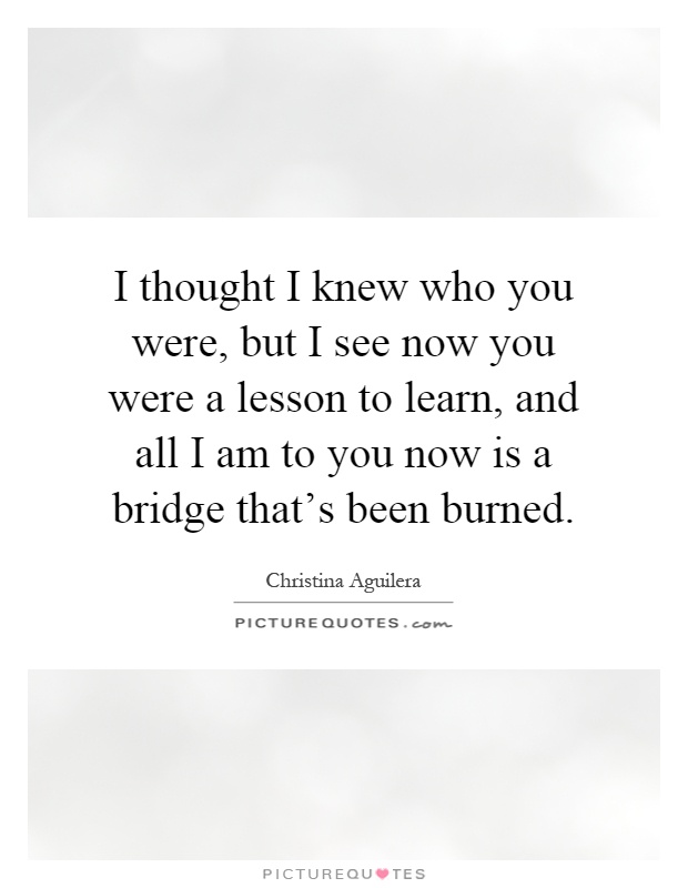 I thought I knew who you were, but I see now you were a lesson to learn, and all I am to you now is a bridge that's been burned Picture Quote #1