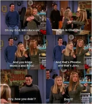 Oh my God. Introduce us! This is Chandler. And you know Monica and Ross! And that’s Phoebe. And that’s Joey. Hey, how you doin’? Don’t!! Picture Quote #1