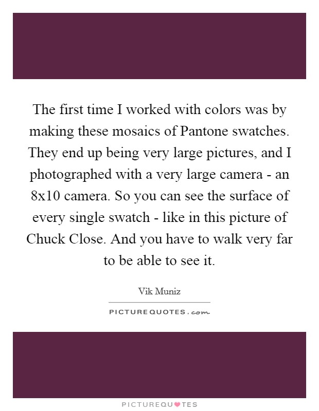The first time I worked with colors was by making these mosaics of Pantone swatches. They end up being very large pictures, and I photographed with a very large camera - an 8x10 camera. So you can see the surface of every single swatch - like in this picture of Chuck Close. And you have to walk very far to be able to see it Picture Quote #1